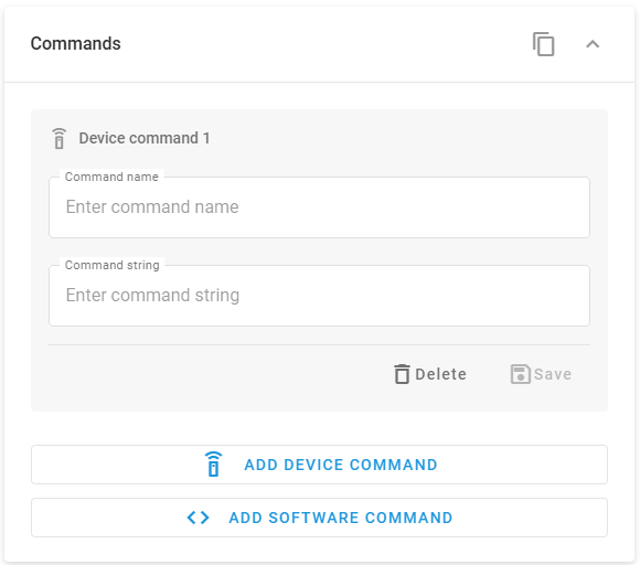 Device command form with Command name and Command string fields