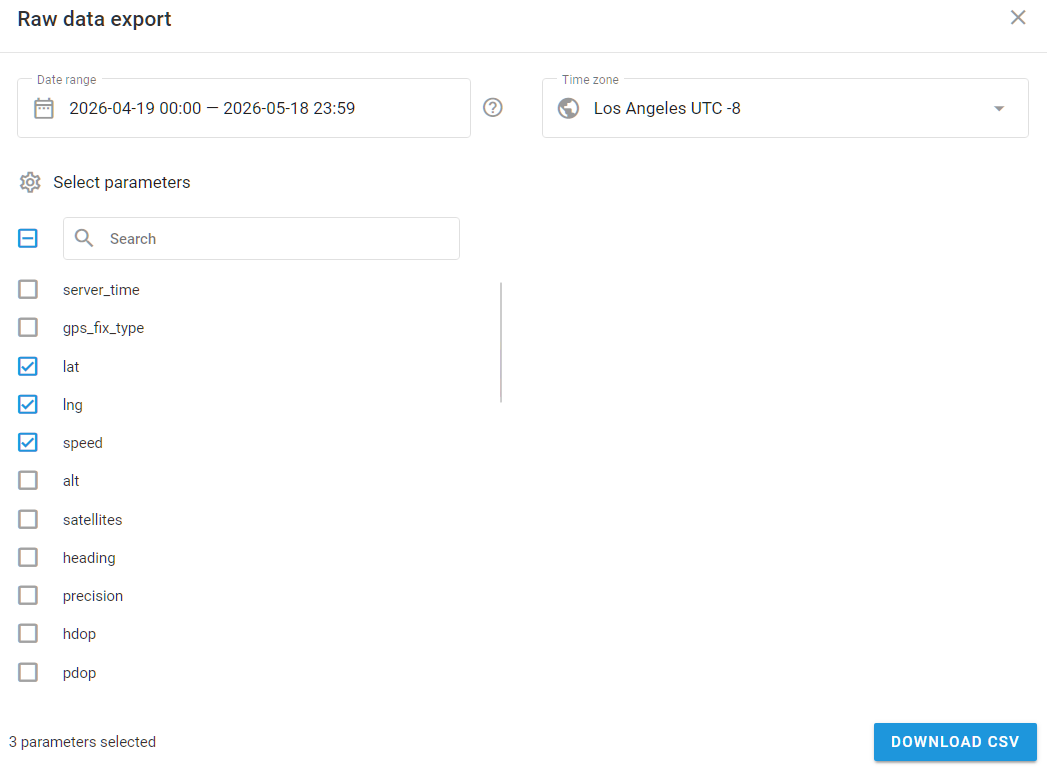 Raw data export tool file configuration window with chosen parameters