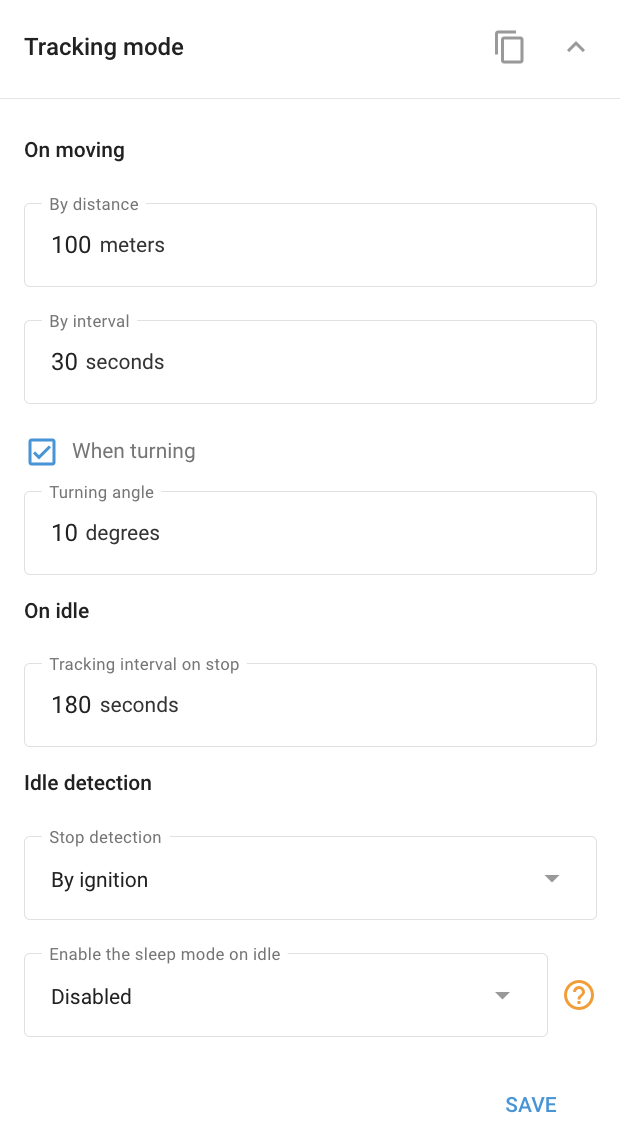 Tracking mode settings block example